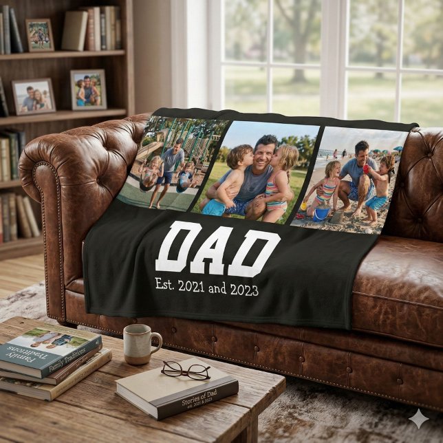 Manta Polar Dad Est. Bold Black Font 3 Photo Fathers Day Gift (Subido por el creador)