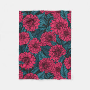 Manta Polar Dahlia roja jardín/hojas azules