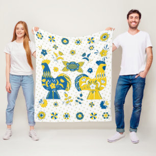 Manta Polar Dala folk sueco gallo azul y amarillo