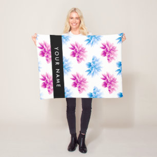 Manta Polar Dalia Rosa y Azul, Patrón Floral, Tu Nombre