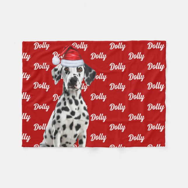 Manta Polar Dalmatian Dog Name on Red Christmas Holiday (Frente (Horizontal))