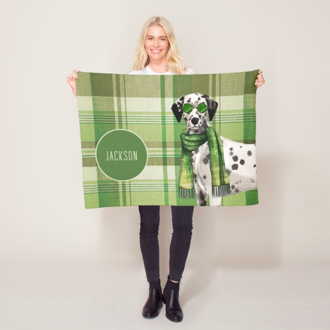 Manta Polar Dalmatian on Green Plaid with Dog's Name (In situ)