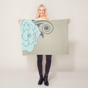 Manta Polar Damasco Beige Y Flor Azul