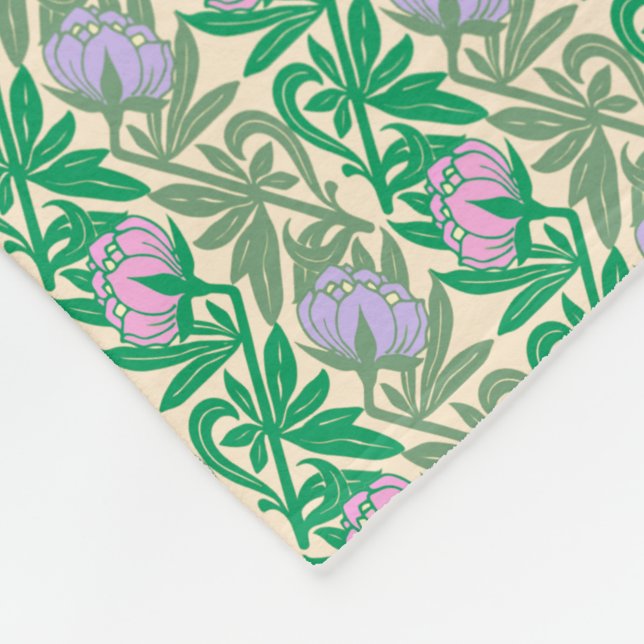 Manta Polar Damasco de nenúfares rosa de estilo Art Nouveau (Esquina)