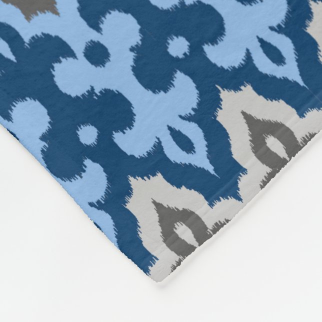 Manta Polar Damasco marroquí de ikat, azul y gris / gris (Esquina)
