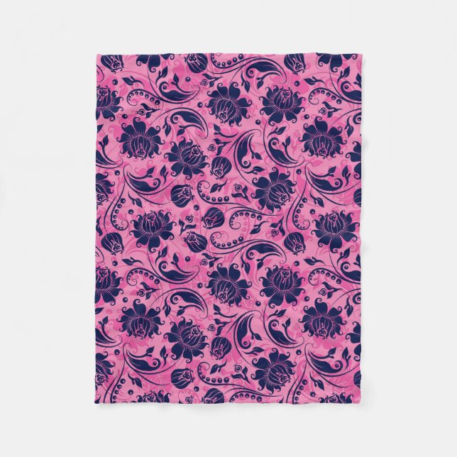 Manta Polar Damascos Florales De Azul Y Rosa (Anverso)