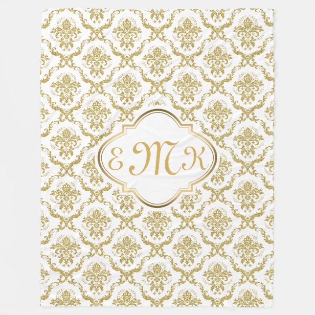 Manta Polar Damascos florales monogramados elegantes blancos y (Anverso)