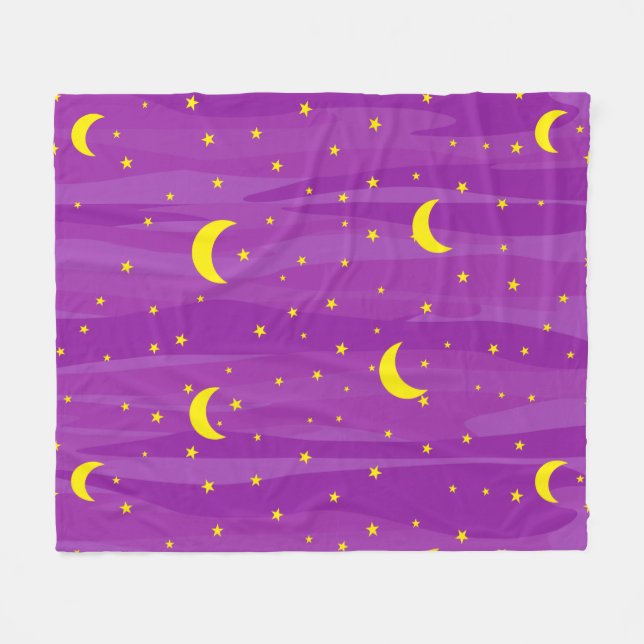 Manta Polar Dark Purple Night Sky - Stars and Moon Pattern  (Frente (Horizontal))