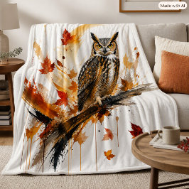 Manta Polar Decoración de hojas de otoño de búho cornudo abstr