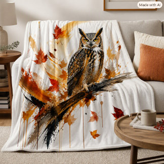 Manta Polar Decoración de hojas de otoño de búho cornudo abstr