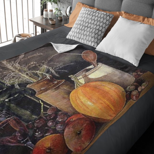 Manta Polar Decoraciones otoñales en mesa, calabaza, fruta, be (Autumn Decorations on Table, Pumpkin, Fruit, Drink Fleece Blanket)