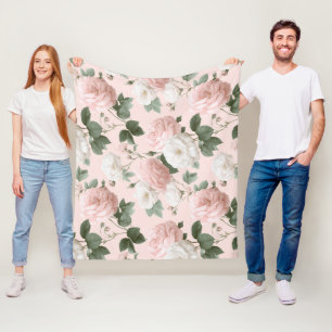Manta Polar Delicado patrón floral de rosa blanca y rosa suave
