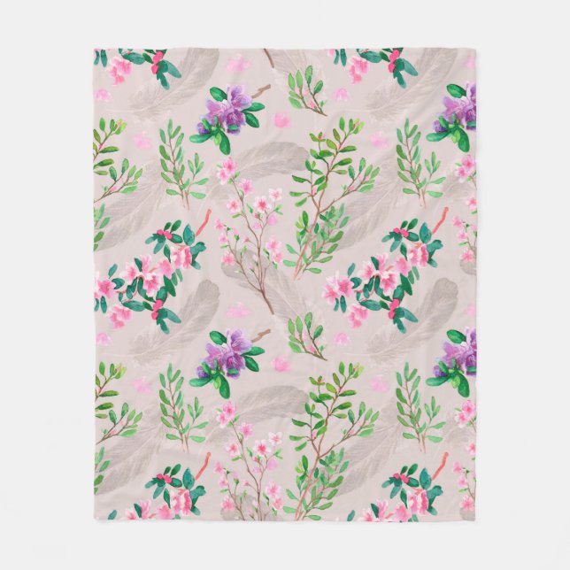 Manta Polar Delicate pattern with rhododendron flowers and fea (Anverso)