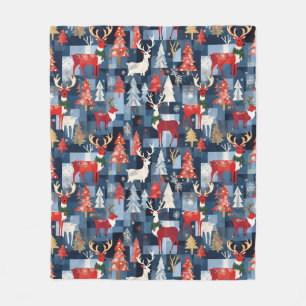 Manta Polar Denim Patchwork Árboles de Navidad y renos