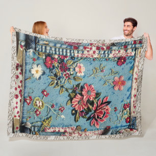 Manta Polar Denim y encaje con problemas de Boho Floral Borroi