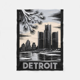 Manta Polar Detroit Skyline Black and White Woodcut Winter