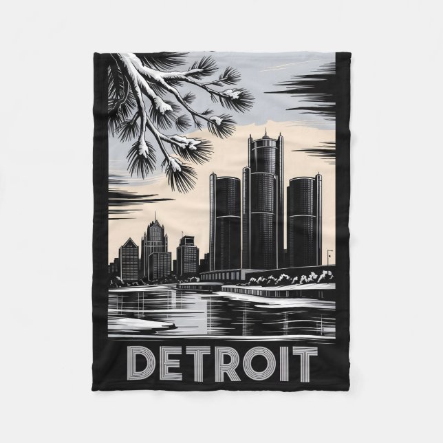 Manta Polar Detroit Skyline Black and White Woodcut Winter (Anverso)