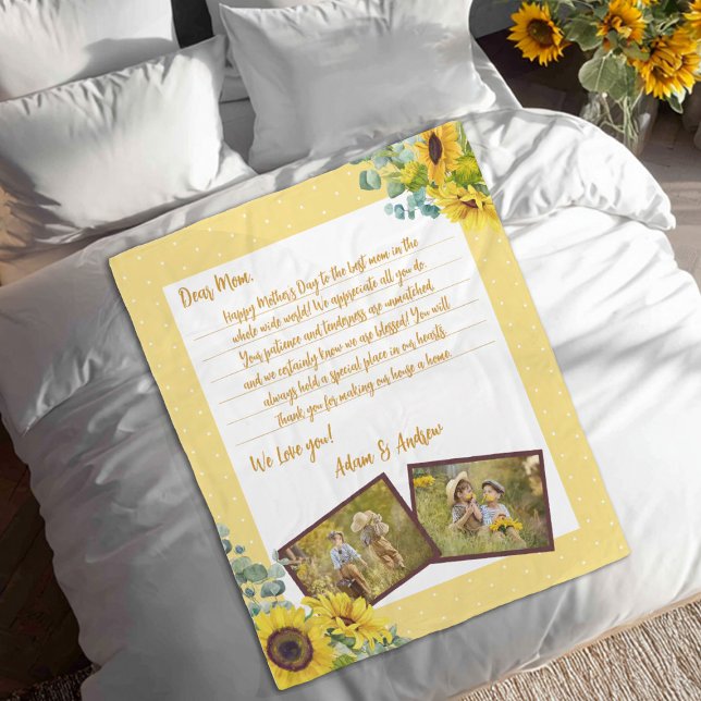 Manta Polar Día de la Madre Letra de amor girasol foto Keepsak (A pretty yellow sunflower photo blanket with a note to Mom. Makes a great Mothers Day gift.)