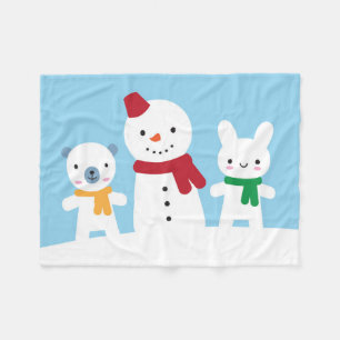 Manta Polar Día de nieve kawaii con conejo y oso