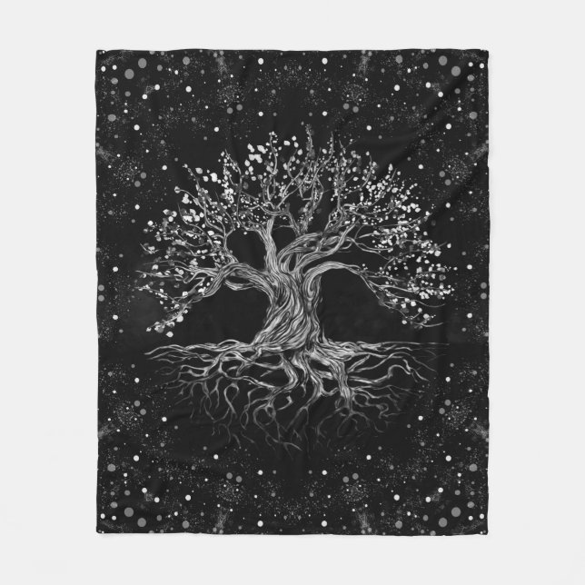 Manta Polar Dibujo de árbol de la vida en blanco y negro (Anverso)