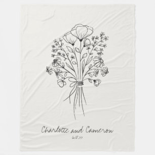 Manta Polar Dibujo de línea de flores boho personalizado en bl