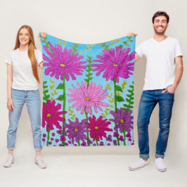 Manta Polar Dibujo vivo de flores rosadas en azul