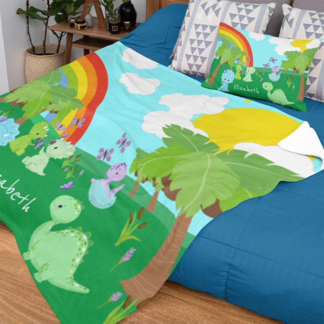 Manta Polar Dinosaurios bebés con mariposas, arcoiris y sol (Subido por el creador)