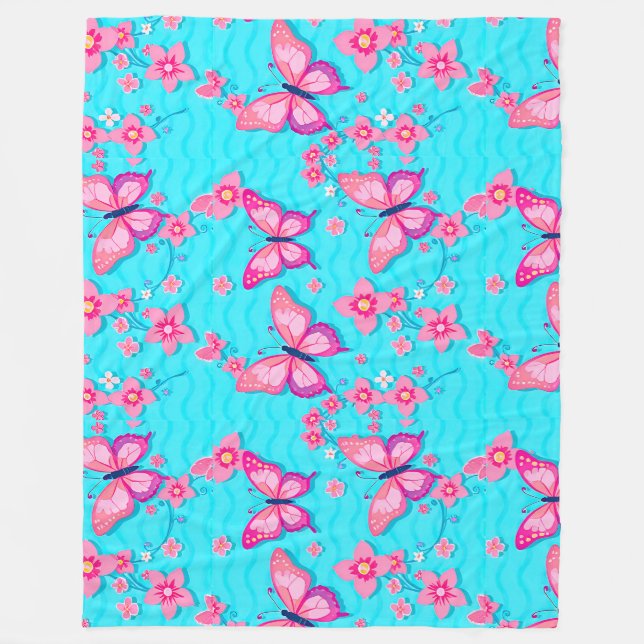 Manta Polar Diseño de mariposas y flores vibrantes (Anverso)