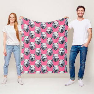 Manta Polar Diseño de patrón de cabeza de lobo blanco rosa
