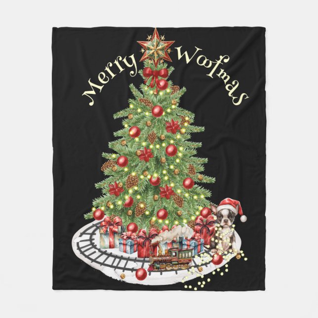 Manta Polar Diseño de Perro de Merry Woofmas - Boston Terrier (Anverso)