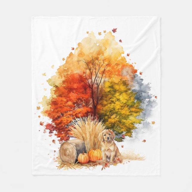 Manta Polar Diseño del perro de otoño acuático - Golden Retrie (Anverso)