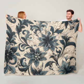 Manta Polar Diseño floral azul marino y crema curvada