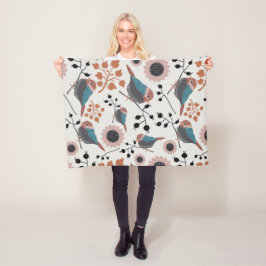 Manta Polar Diseño floral con patrones de aves y cerezos