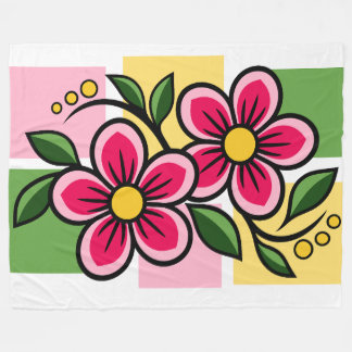 Manta Polar Diseño floral rosa con hojas verdes