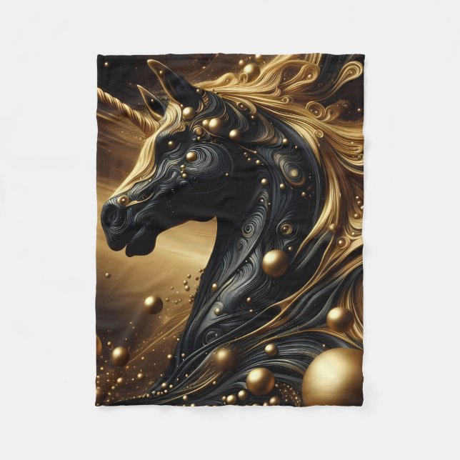 Manta Polar Diseño majestuoso de unicornio negro y oro (Anverso)