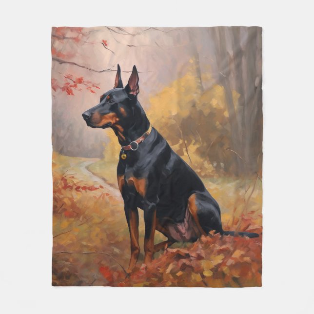Manta Polar Doberman en otoño se inspira en las hojas (Anverso)