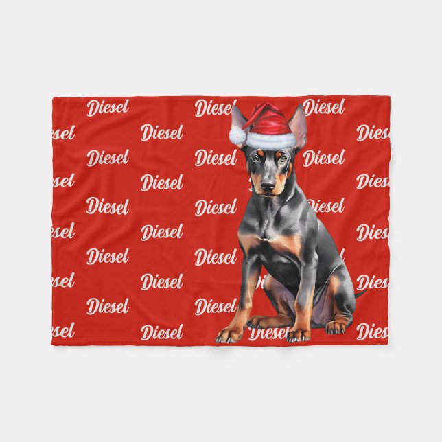 Manta Polar Doberman Pinscher Santa Dog Custom Name Christmas (Frente (Horizontal))