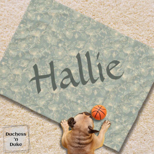 Manta Polar Dog Blanket - Sage Green Botanical, Personalized (Personalized Sage Green Botanical Dog Blanket on ivory carpet and puppy with toy basketball)