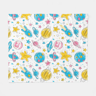 Manta Polar Doodles con tema espacial sobre fondo blanco