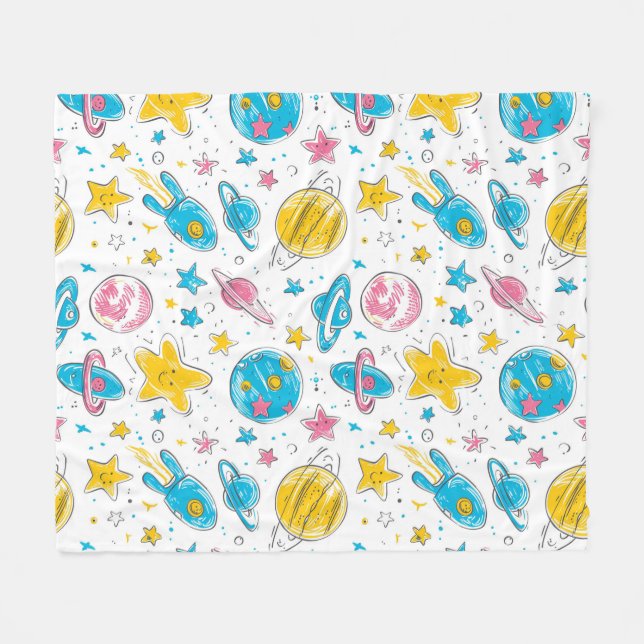 Manta Polar Doodles con tema espacial sobre fondo blanco (Frente (Horizontal))