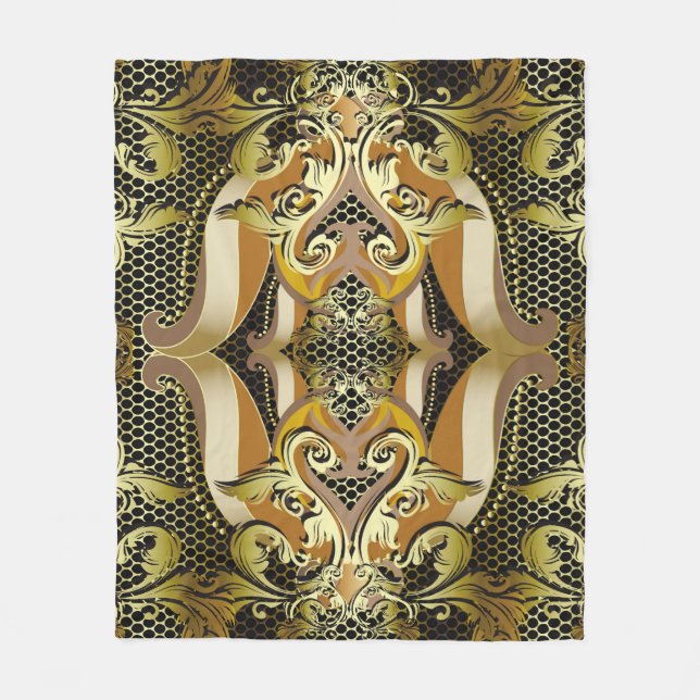 Manta Polar Dorado Barroco lujoso patrón inquebrantable en 3d. (Anverso)