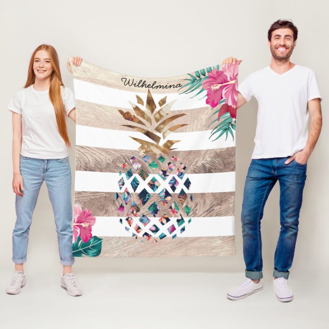 Manta Polar Dorado floral de piña a rayas (In situ)