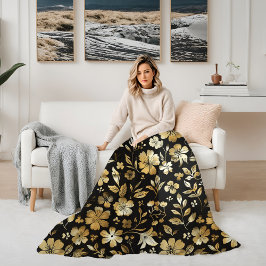 Manta Polar Dorado floral y elegante negro