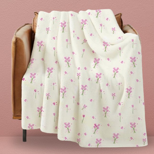 Manta Polar Dorm Modern Girly Pink Tulips Floral (Throw Blanket)