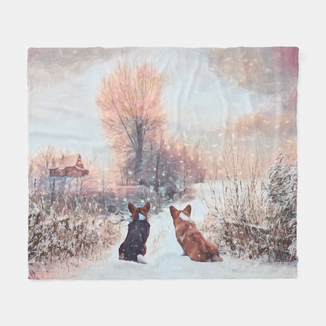 Manta Polar Dos corgis en la nieve (Frente (Horizontal))