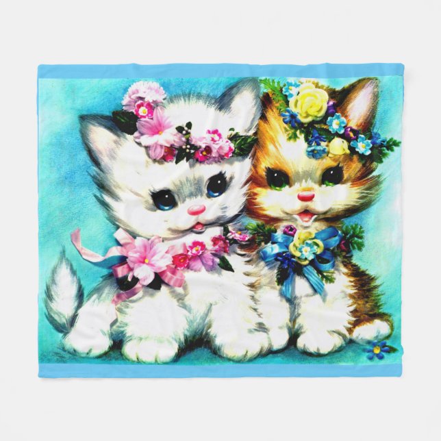 Manta Polar dos gatitos y muchas flores (Frente (Horizontal))