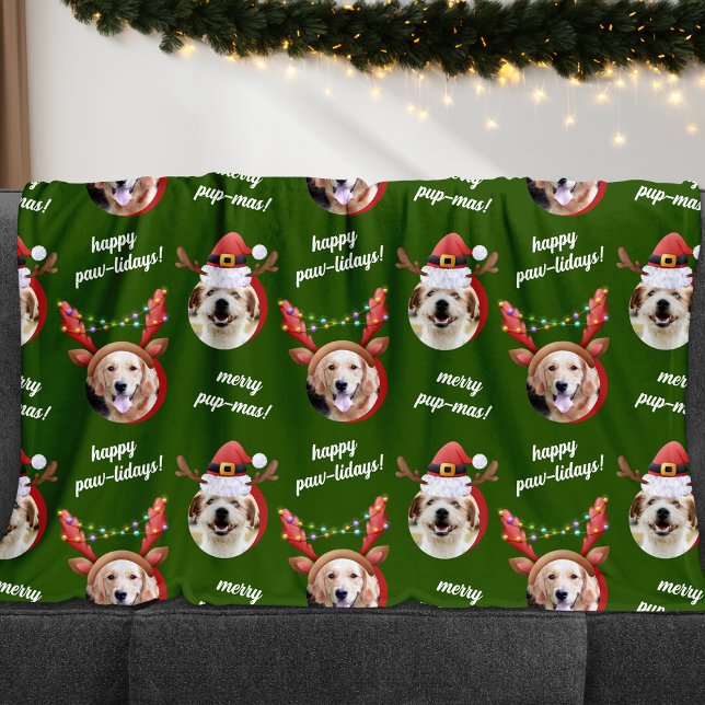 Manta Polar Dos perros foto reno Feliz Navidad Verde (Subido por el creador)