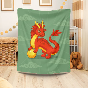 Manta Polar Dragón Chino Rojo sobre Verde