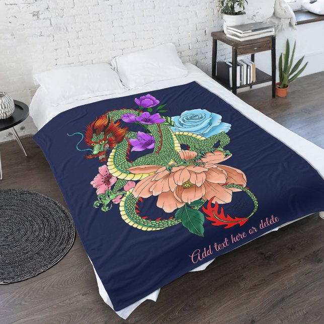 Manta Polar Dragón Chino Verde Místico Floral Azul Marino (Subido por el creador)