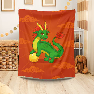 Manta Polar Dragón Chino Verde sobre Rojo